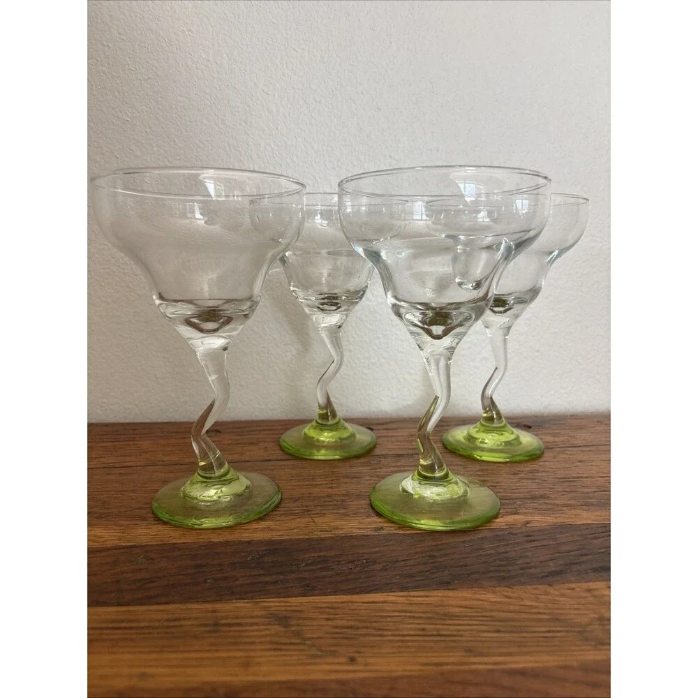 Vintage Libbey zig zag margarita glasses HAND BLOWN 10 Oz GREEN WAVE STEM 7